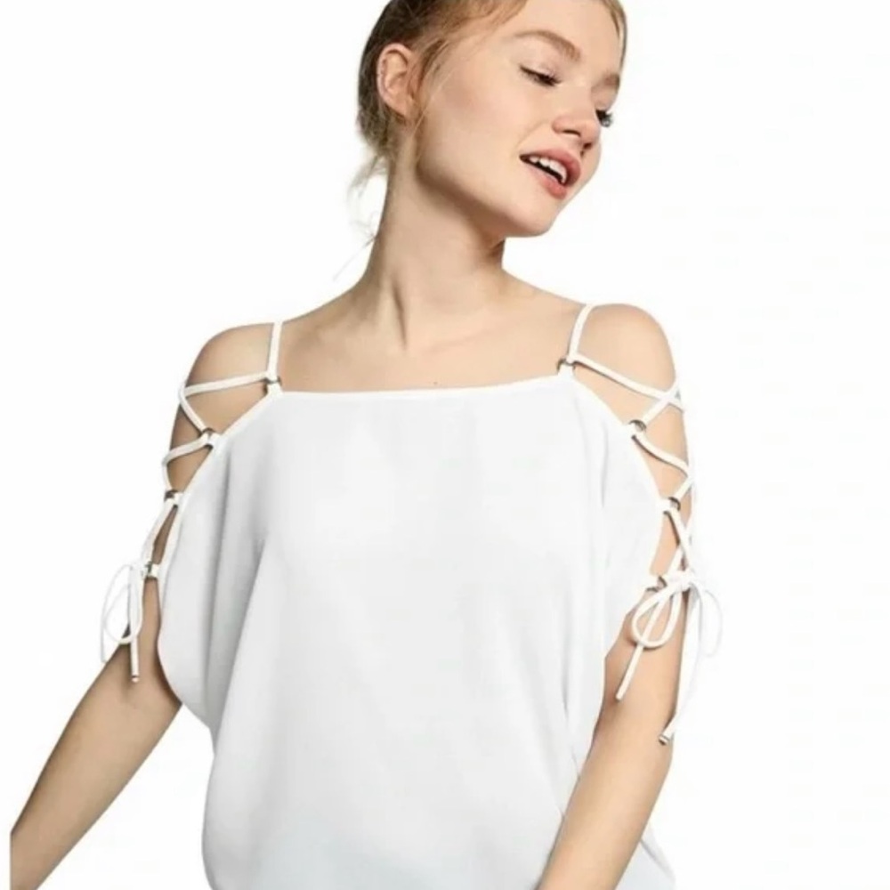Express White Lace-Up Cold Shoulder Blouse